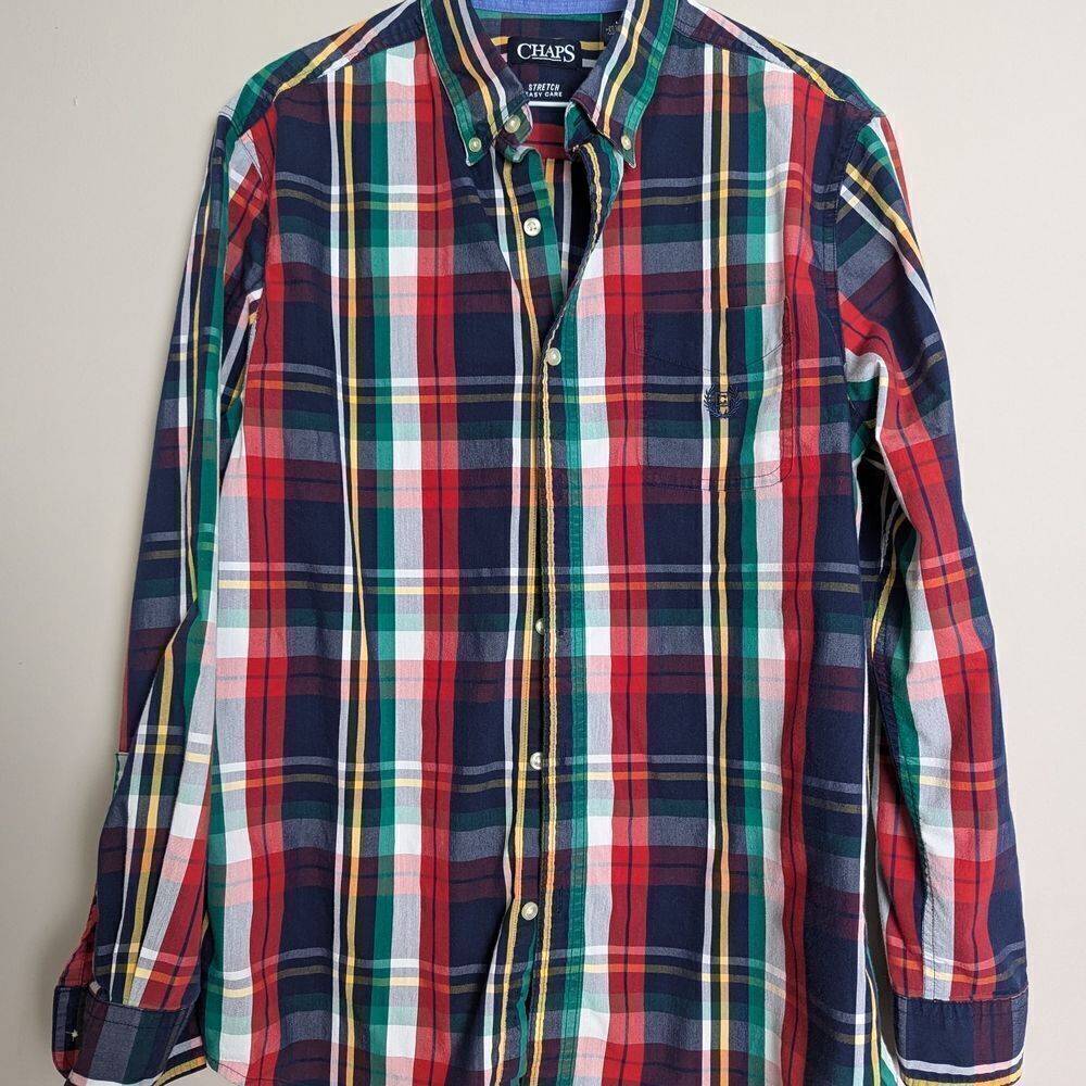 Chaps Easy Care Stretch Multicolor Plaid Long Sleeve Button Down Large Red Blue